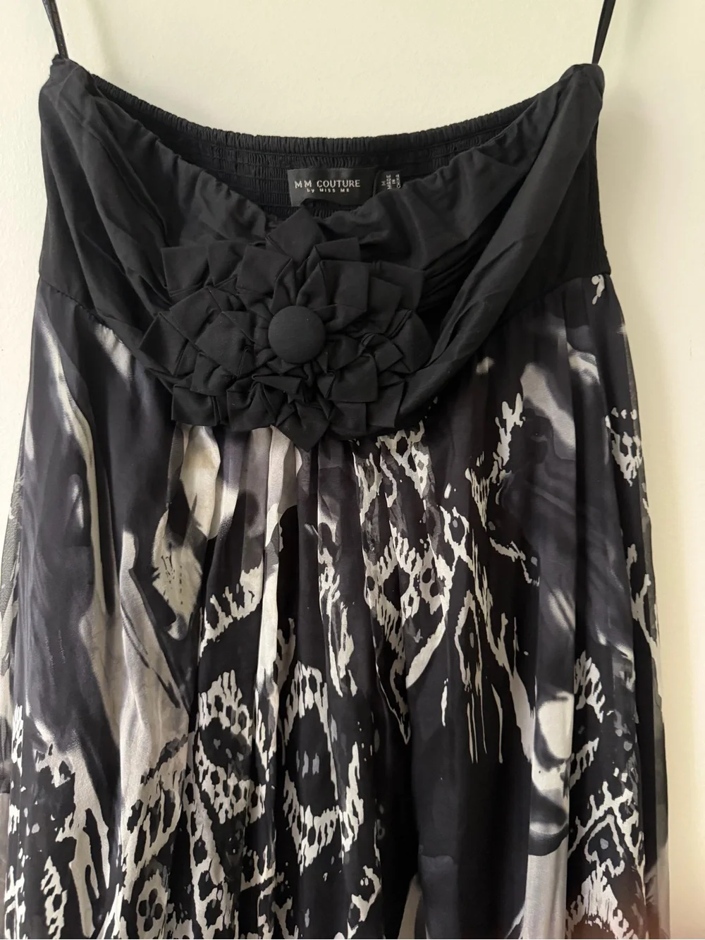 MM Couture Silk Maxi Dress Strapless Flowy Black and White - Picture 4 of 8